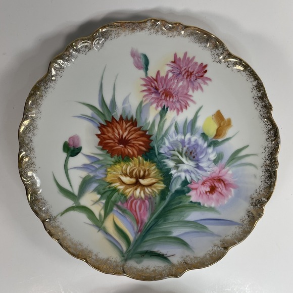 Vintage Hand painted Ceramic Multicolor Flower Wall Plates Gold Rim Set Of 2 - Picture 5 of 9